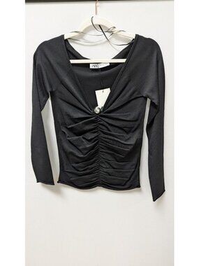 Zara Black/Silver Ruched Metal Ball Neckline Blouse